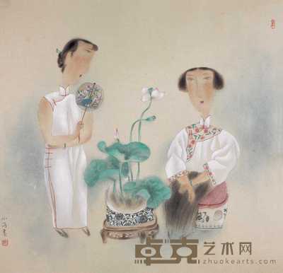 马小涓 荷花仕女 镜心 68×69cm